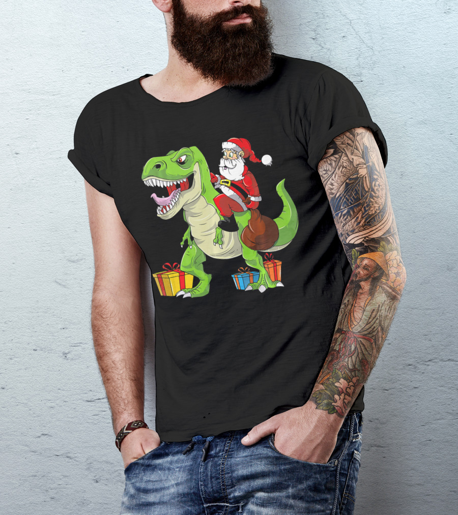 Funny Christmas Kids Santa Riding Dinosaur With Gifts T-Shirt