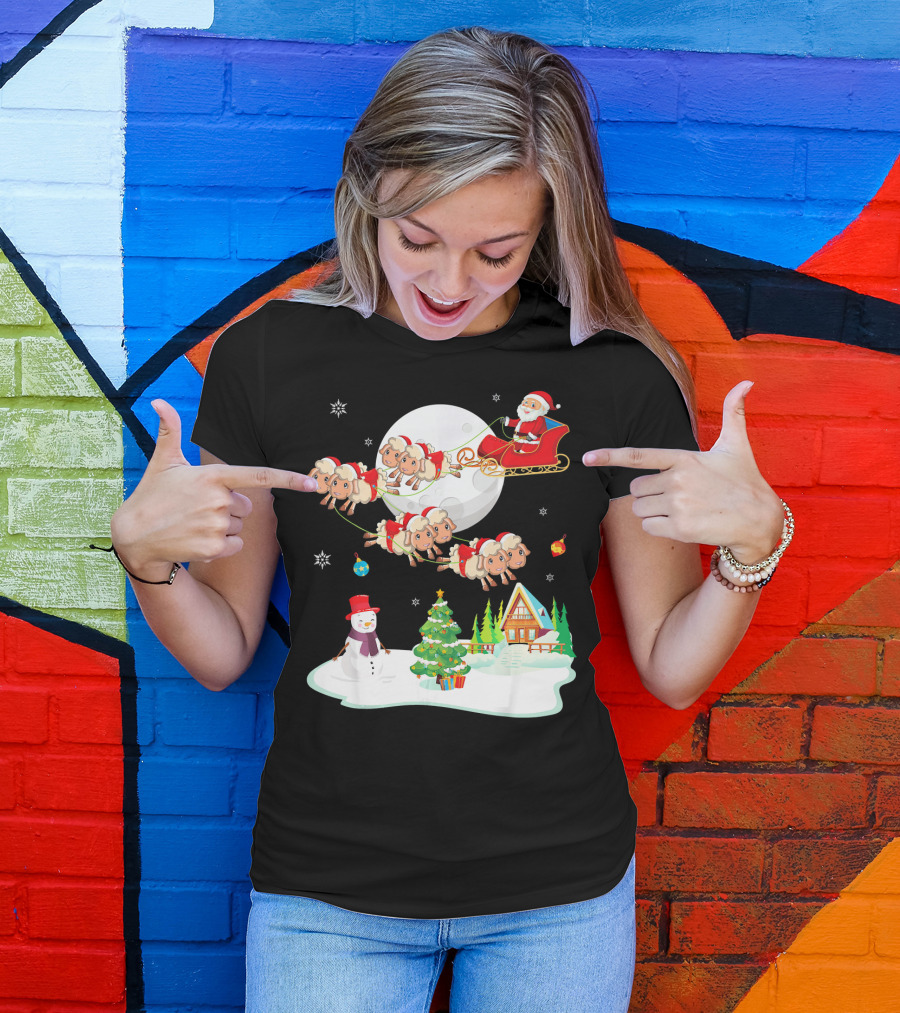 Santa Noel With Dancing Snowman And Sheep Sleigh By Moon T-Shirt