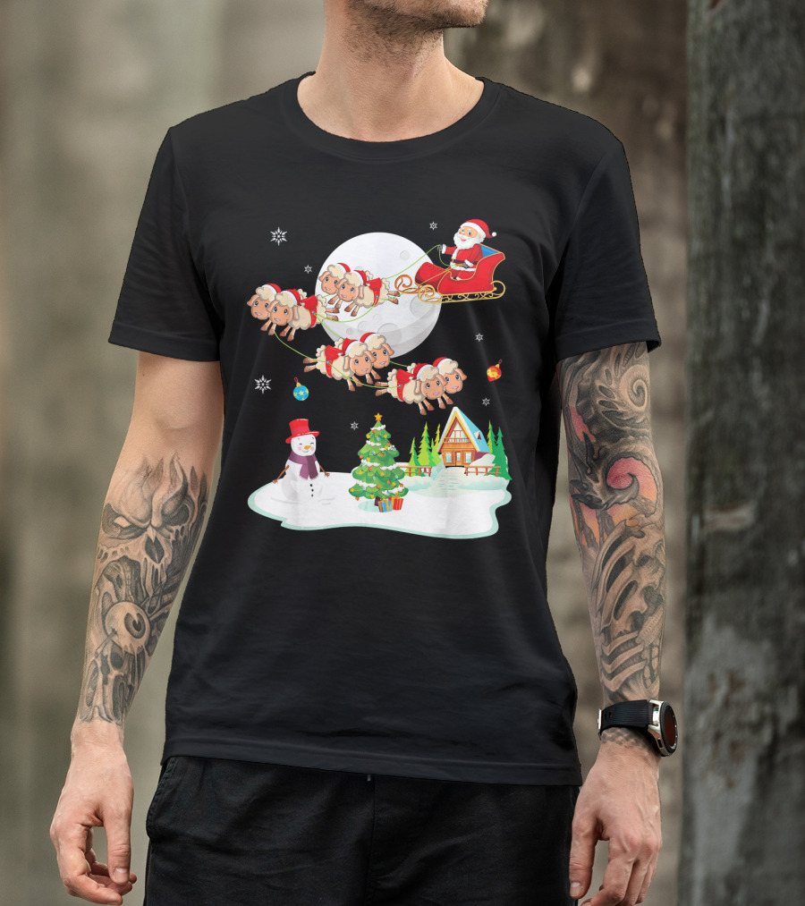 Santa Noel With Dancing Snowman And Sheep Sleigh By Moon T-Shirt