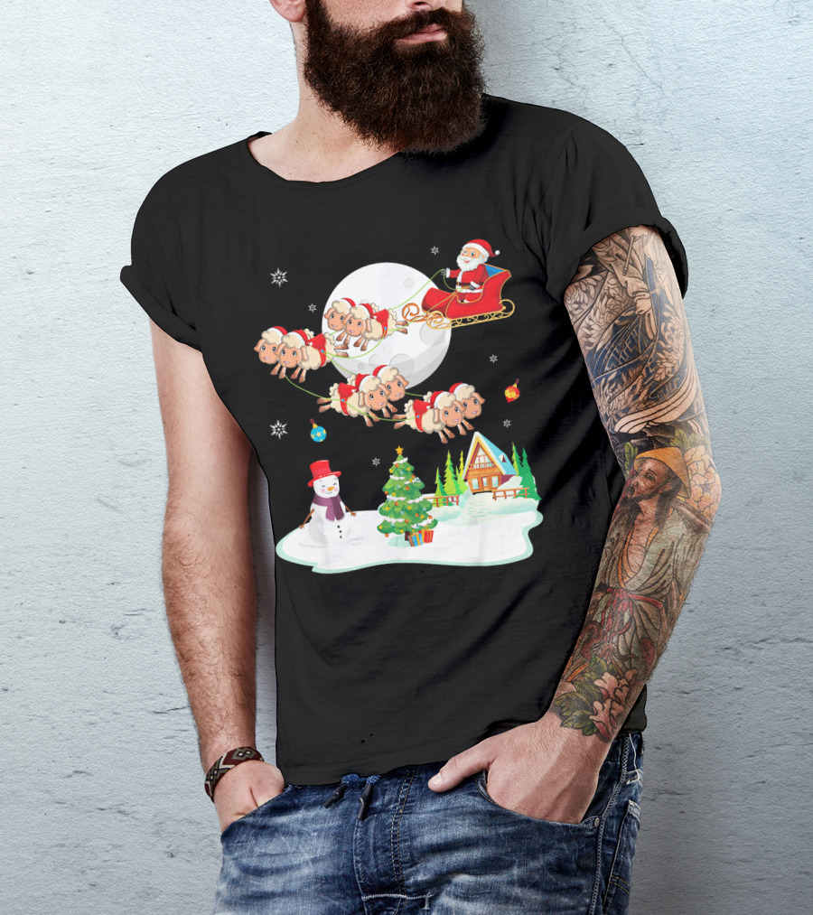 Santa Noel With Dancing Snowman And Sheep Sleigh By Moon T-Shirt