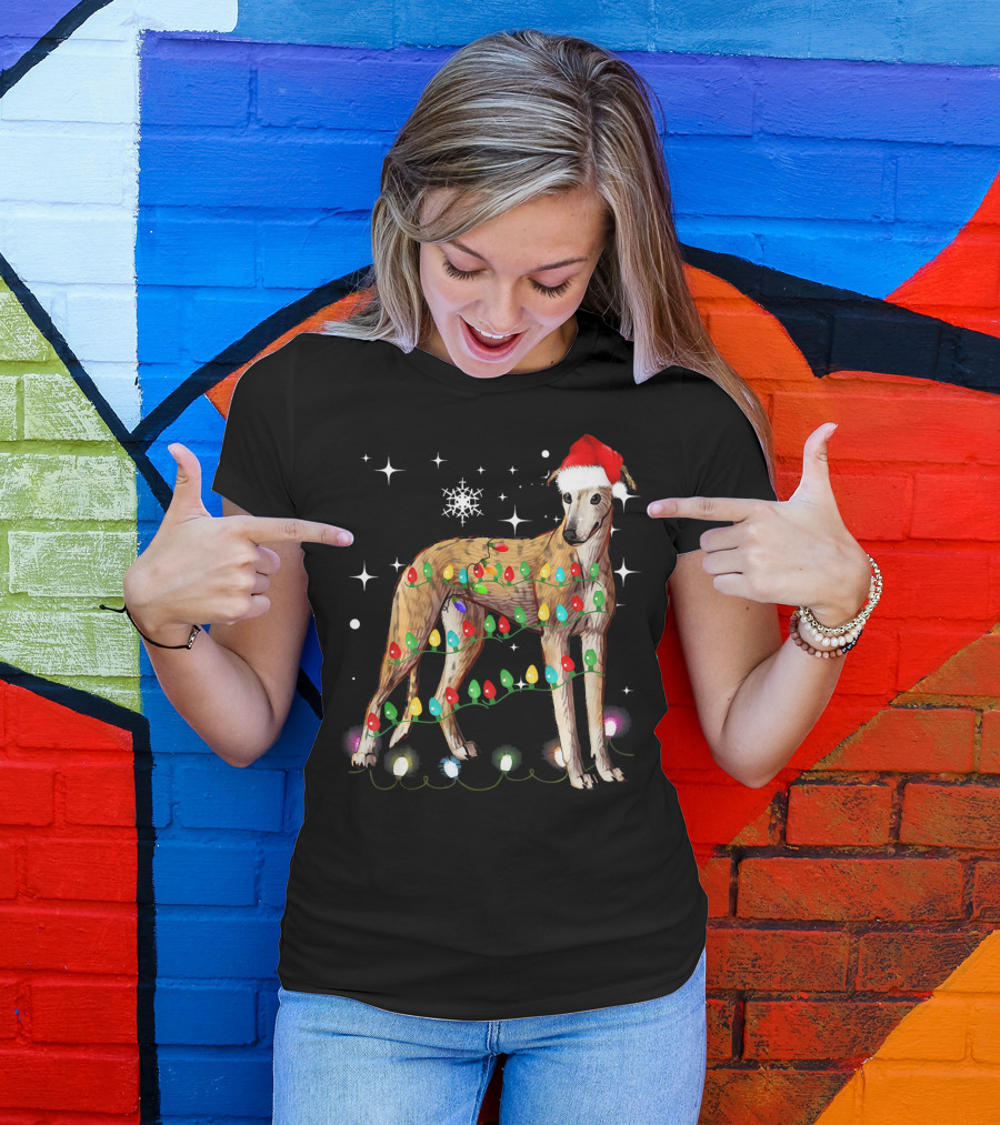 Greyhound Dog With Christmas Lights And Santa Hat T-Shirt