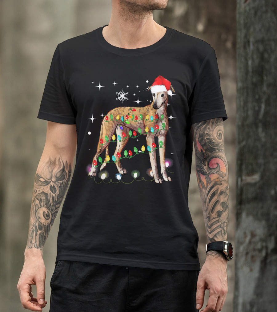 Greyhound Dog With Christmas Lights And Santa Hat T-Shirt