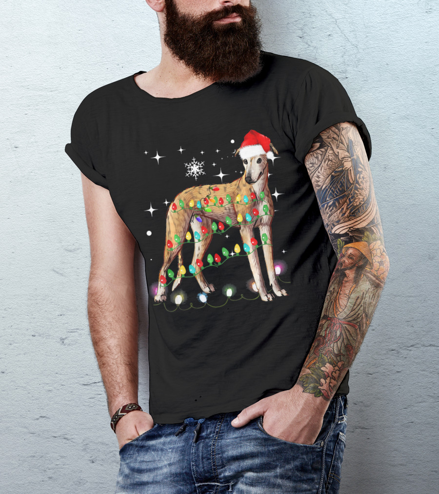 Greyhound Dog With Christmas Lights And Santa Hat T-Shirt