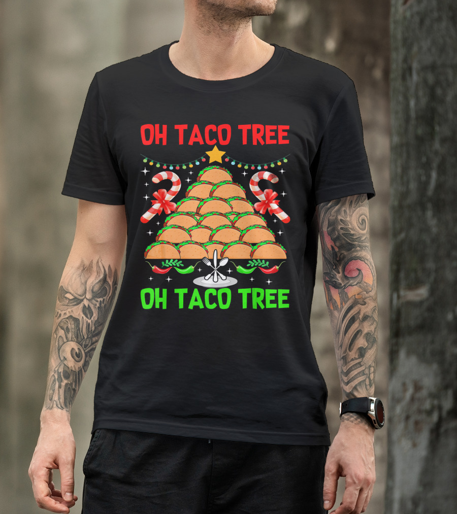 Oh Taco Tree Christmas Candy Cane Funny Party T-Shirt