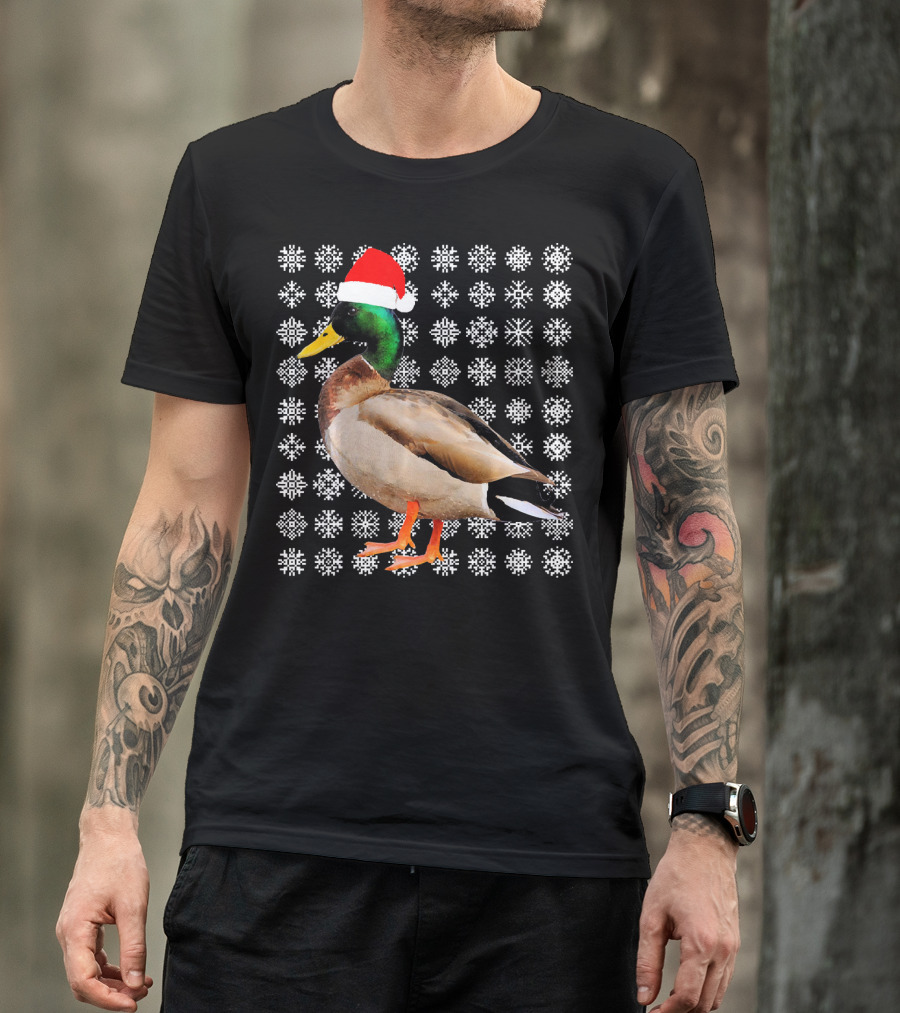 Mallard Duck In Santa Hat With Snowflake Pattern Background T-Shirt