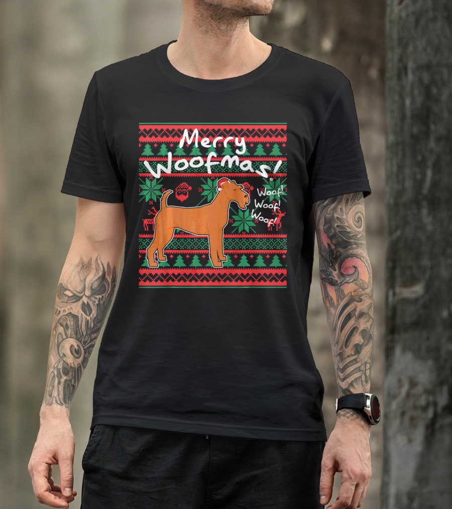 Merry Woofmas Irish Terrier Dog Woof Woof Santas Hat Fair Isle Pattern Sweater Holiday T-Shirt