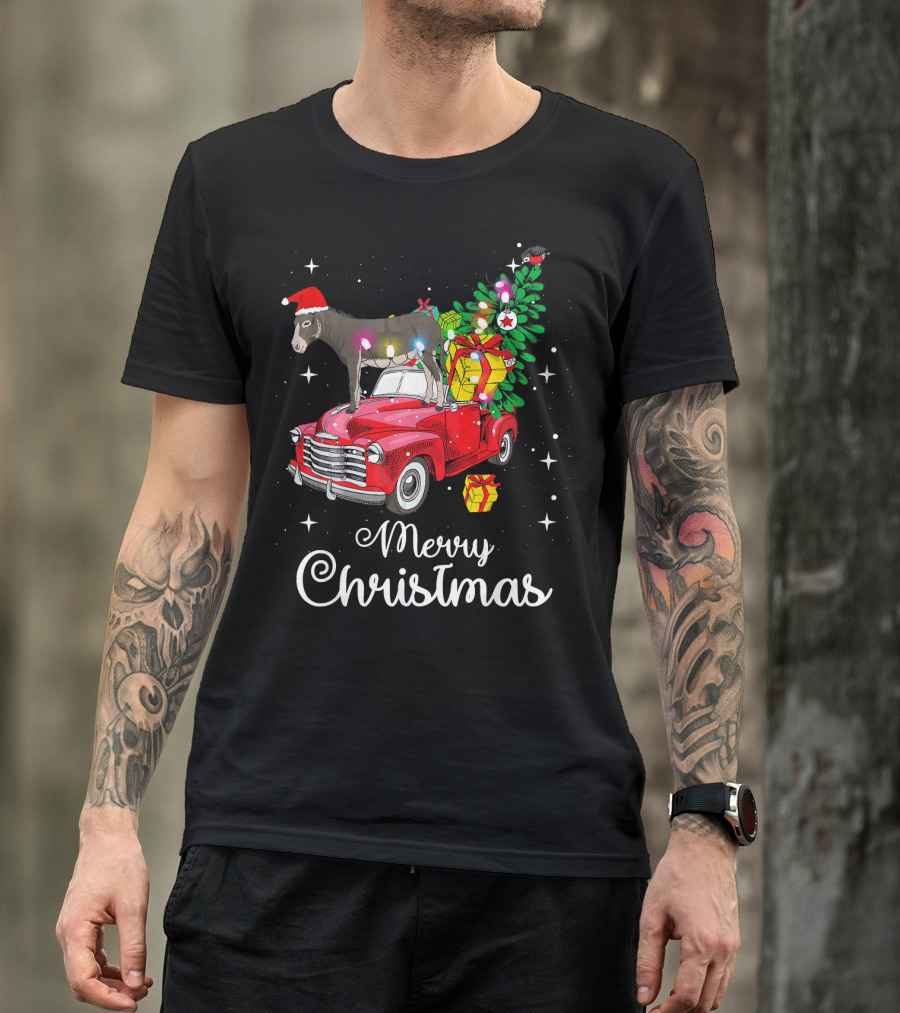 Merry Christmas Donkey Rides Red Truck With Santa Hat And Presents T-Shirt