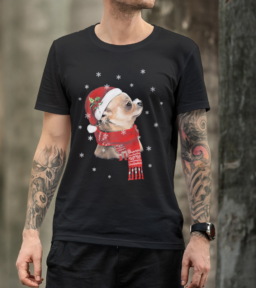 Chihuahua Christmas Cute Chihuahua Lover Festive Santa Hat And Scarf Snowflakes T-Shirt