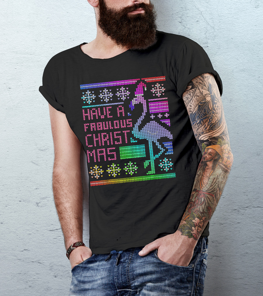 Have A Fabulous Christmas Flamingo Ugly Christmas Rainbow T-Shirt