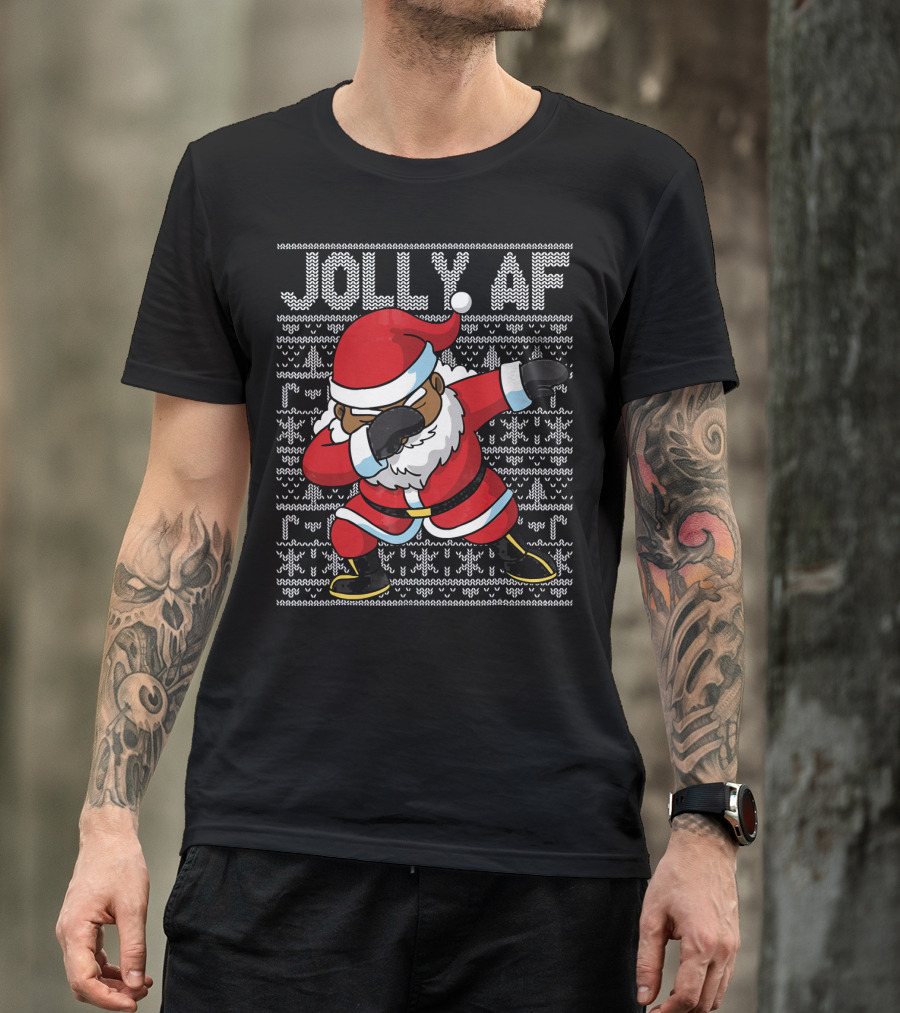 Jolly AF Christmas Dabbing Black Santa T-Shirt