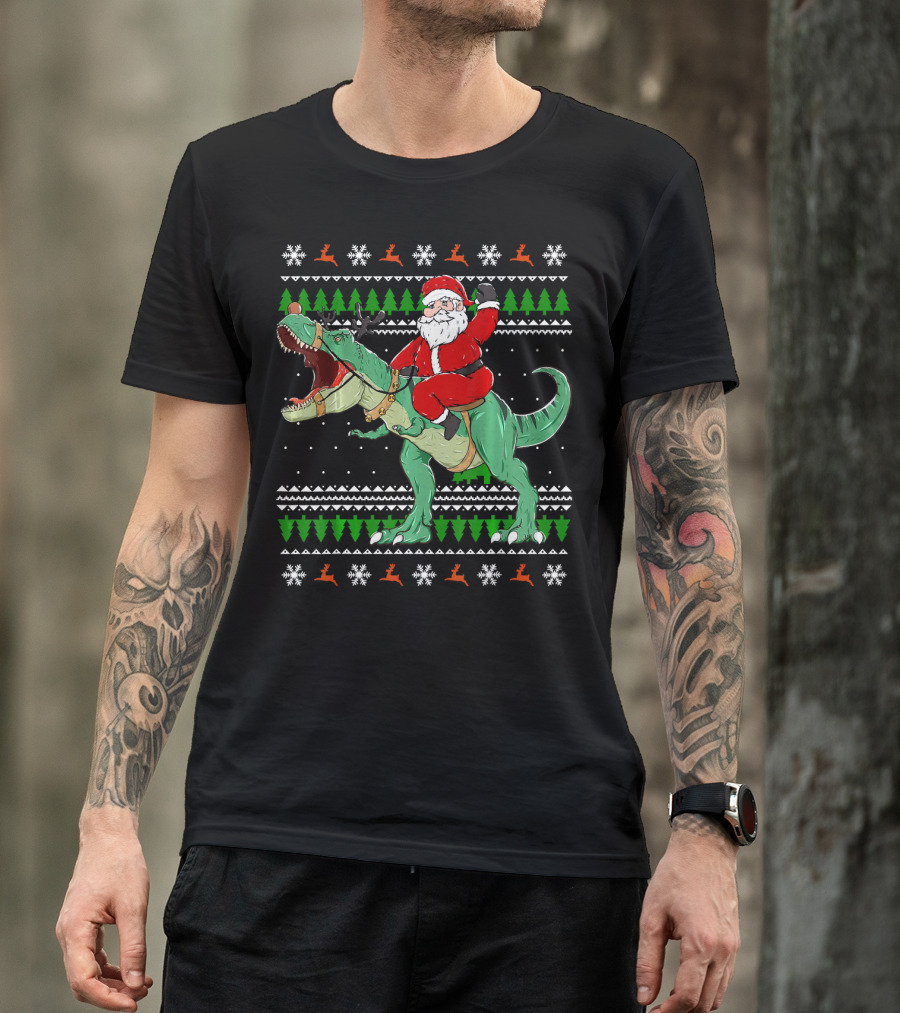 Santa Riding Dino Ugly Christmas Sweater With Snowflakes And Reindeer T-Shirt