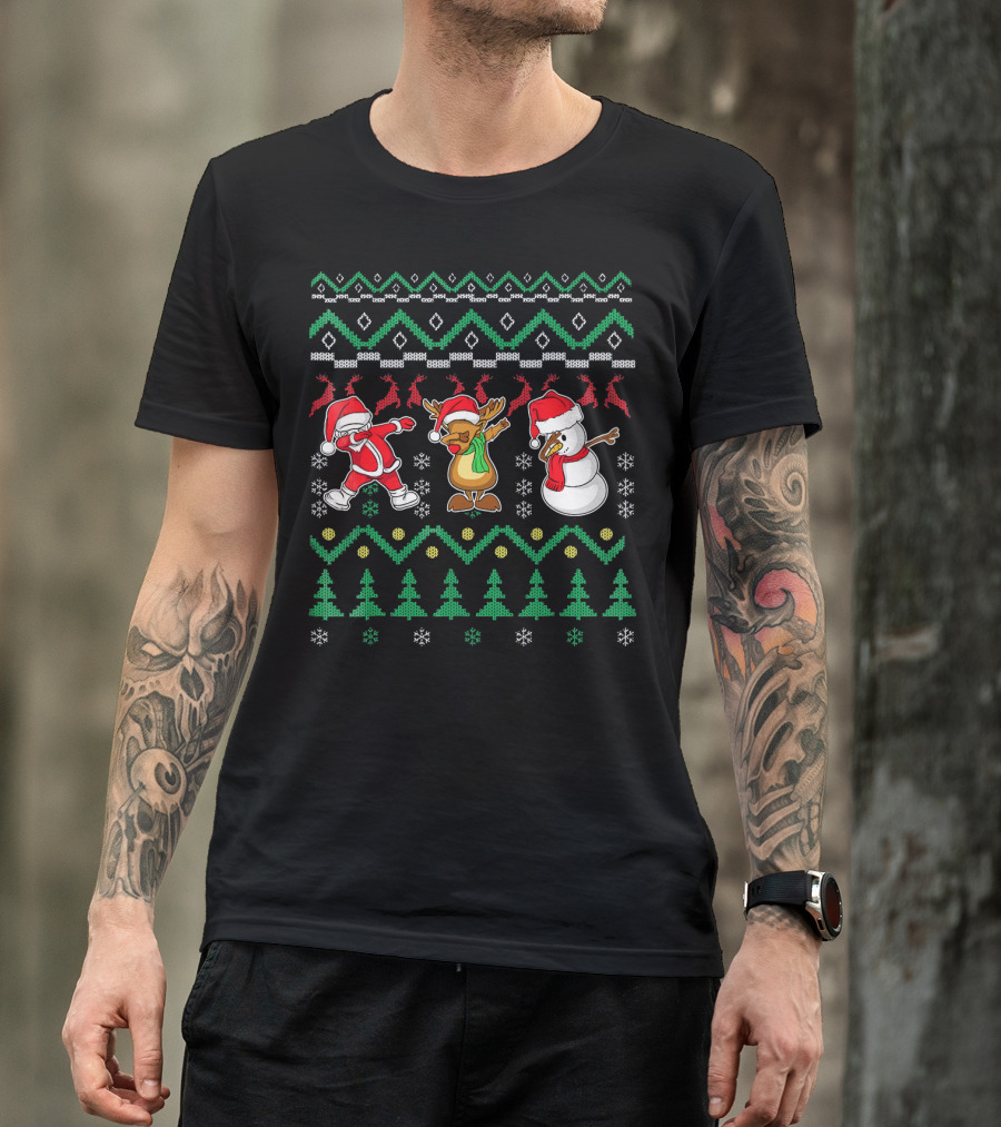Santa Reindeer Snowman Dabbing Christmas T-Shirt
