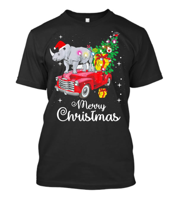 Merry Christmas Rhino Santa Hat On Red Truck With Christmas Tree And Gifts T-Shirt