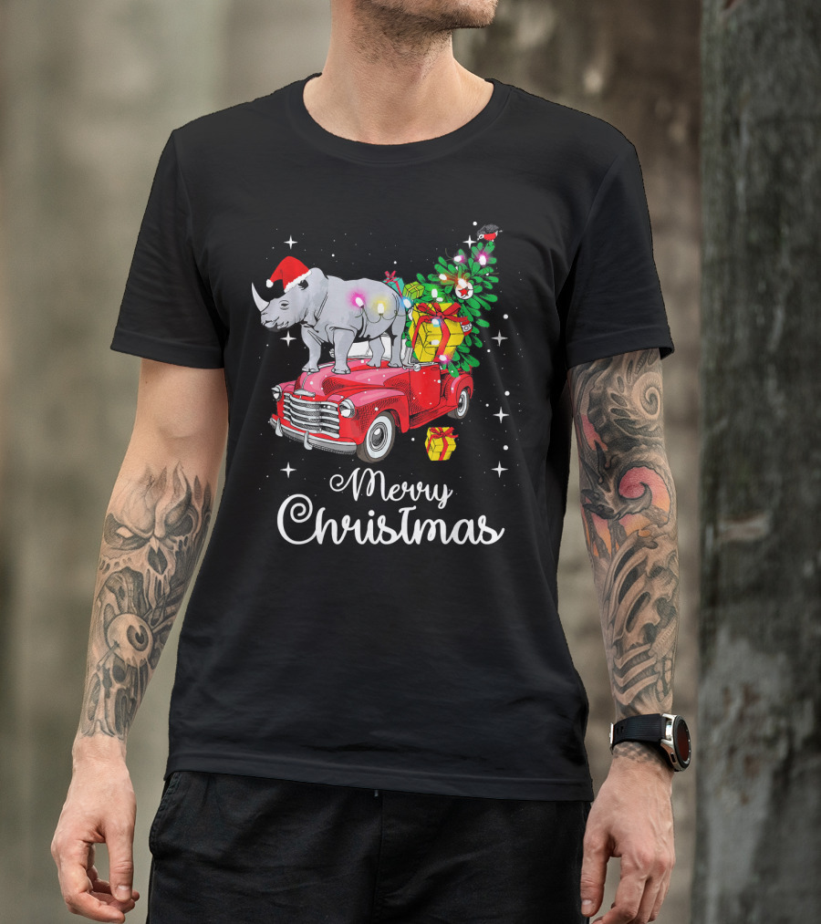 Merry Christmas Rhino Santa Hat On Red Truck With Christmas Tree And Gifts T-Shirt