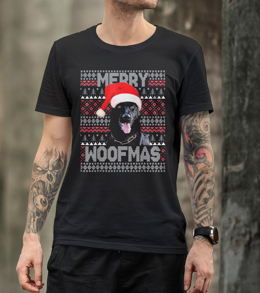 Merry Woofmas German Shepherd In Santa Hat With Festive Knitting T-Shirt