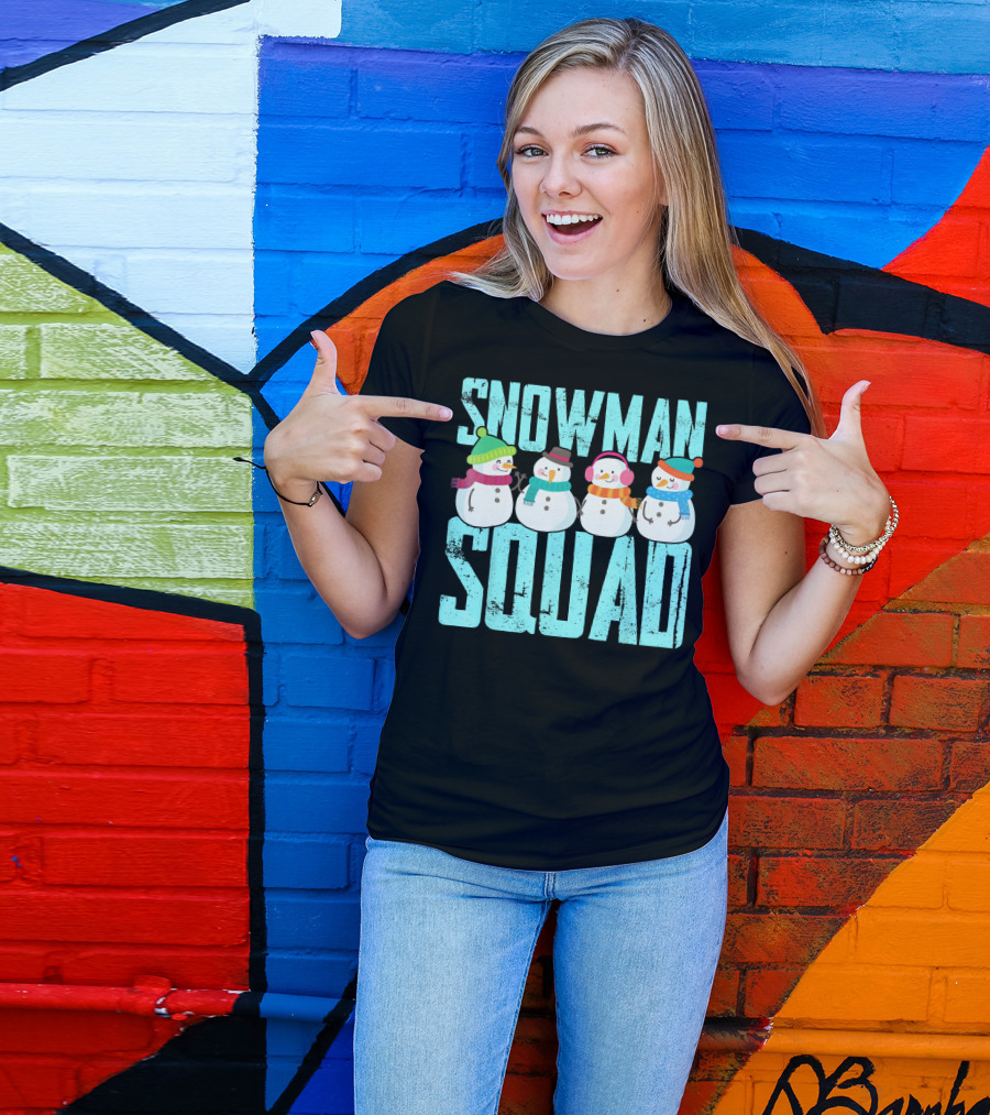 Snowman Squad Christmas Elf Snowmen With Scarves And Hats T-Shirt