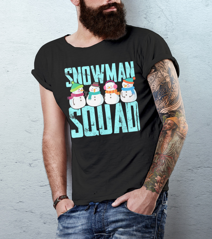 Snowman Squad Christmas Elf Snowmen With Scarves And Hats T-Shirt