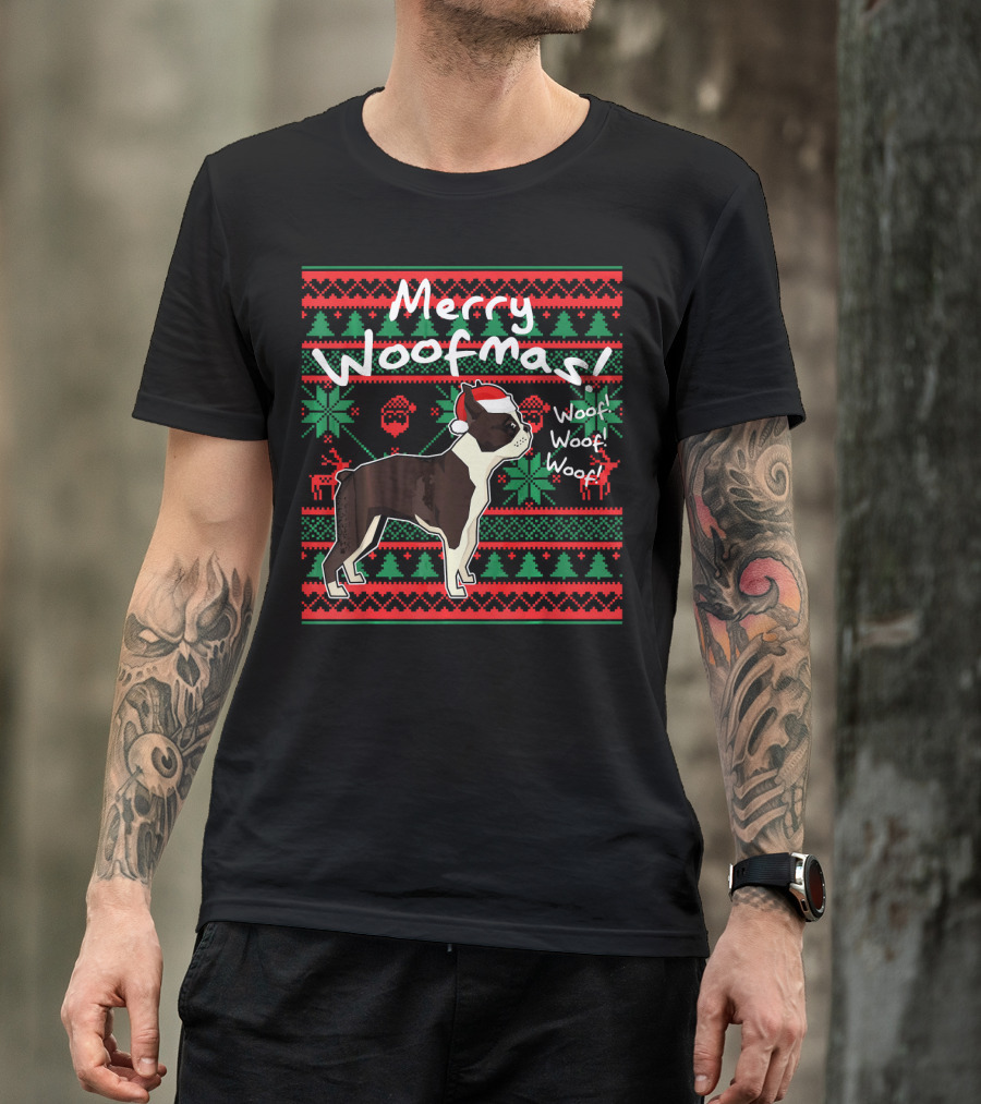 Merry Woofmas Boston Terrier Woof Woof Santa Hat Christmas T-Shirt