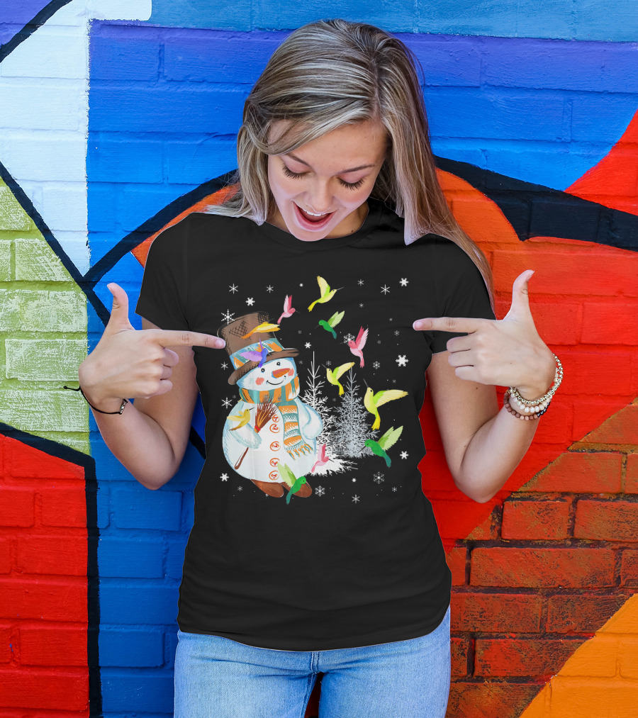 Merry Hummingbird Snowman With Colorful Birds And Snowflakes T-Shirt