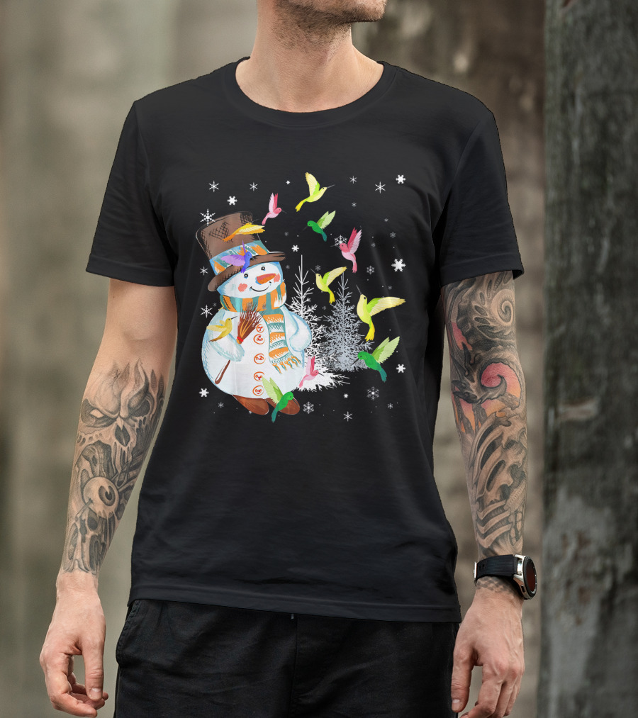 Merry Hummingbird Snowman With Colorful Birds And Snowflakes T-Shirt