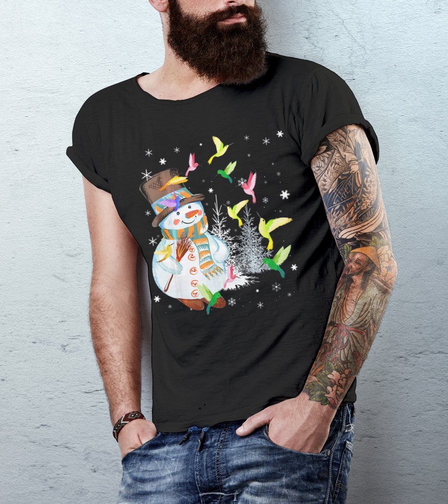 Merry Hummingbird Snowman With Colorful Birds And Snowflakes T-Shirt