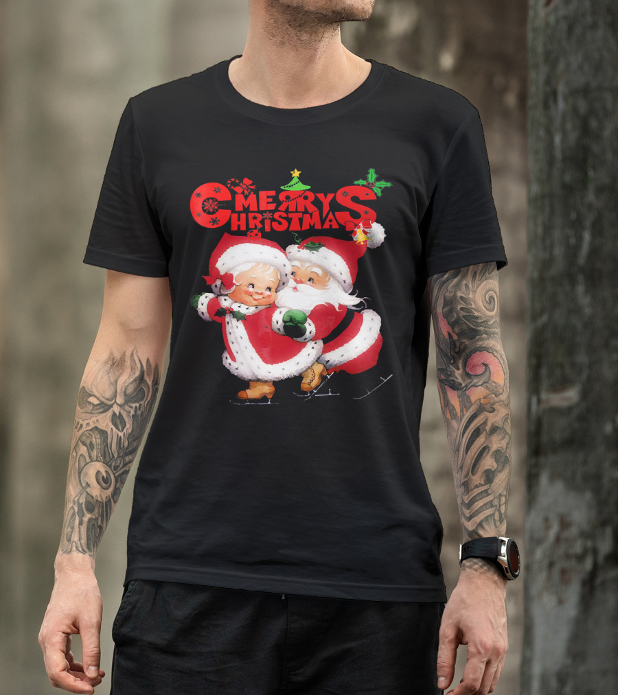 Merry Christmas Cute Mrs Claus And Santa Skating T-Shirt