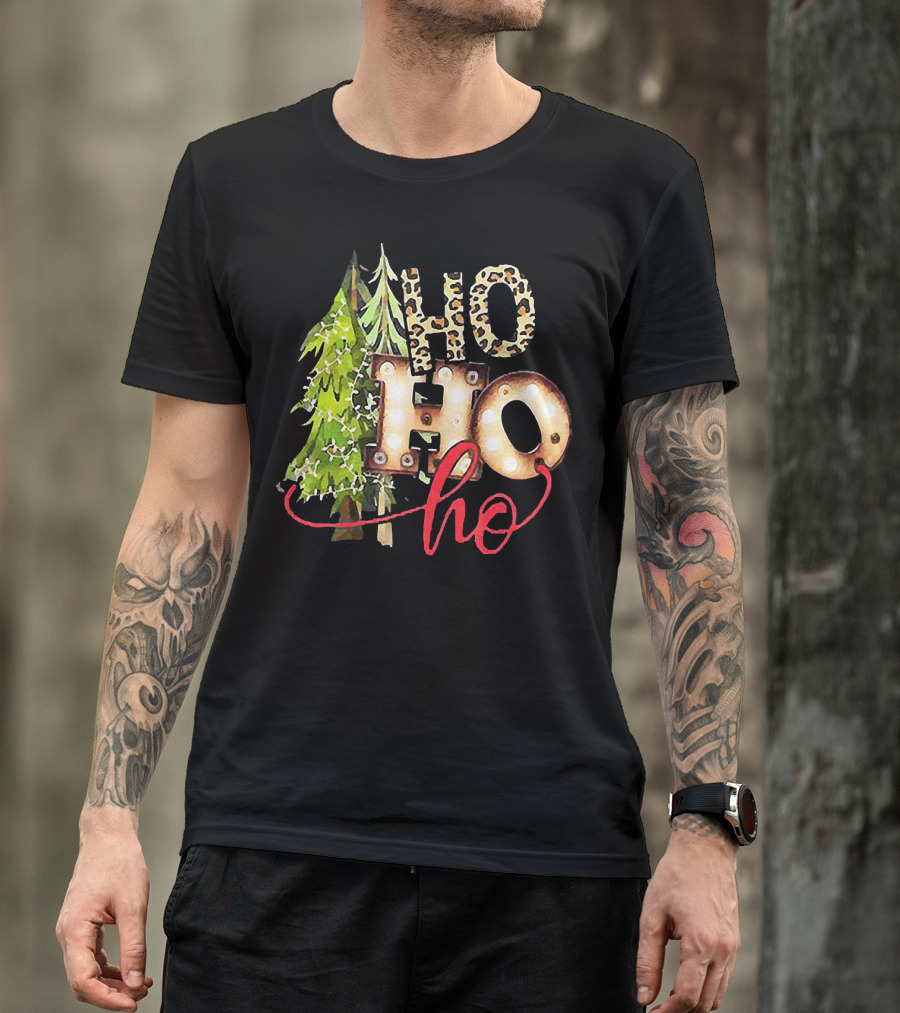 Pine Trees Ho Ho Ho Christmas Lights Leopard Print T-Shirt