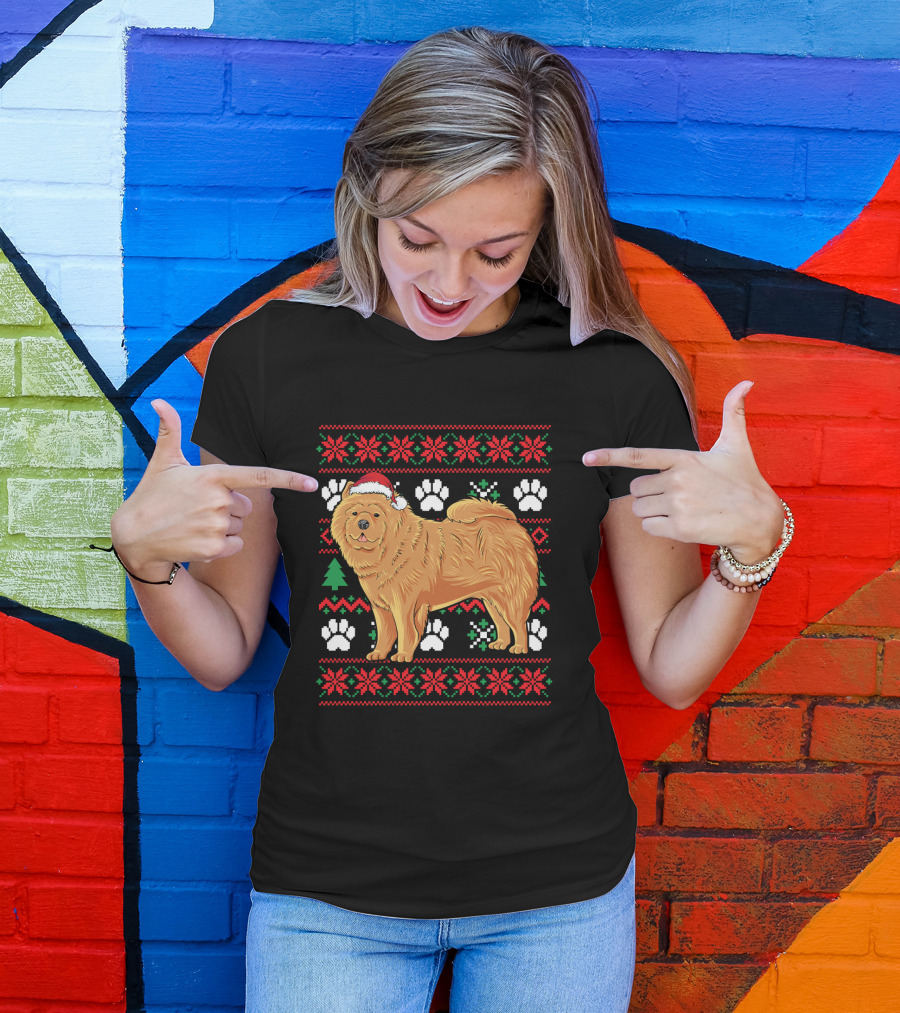 Chow Chow Ugly Christmas Sweater With Santa Hat And Paw Prints T-Shirt