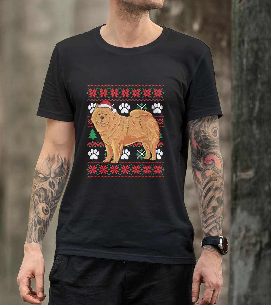 Chow Chow Ugly Christmas Sweater With Santa Hat And Paw Prints T-Shirt
