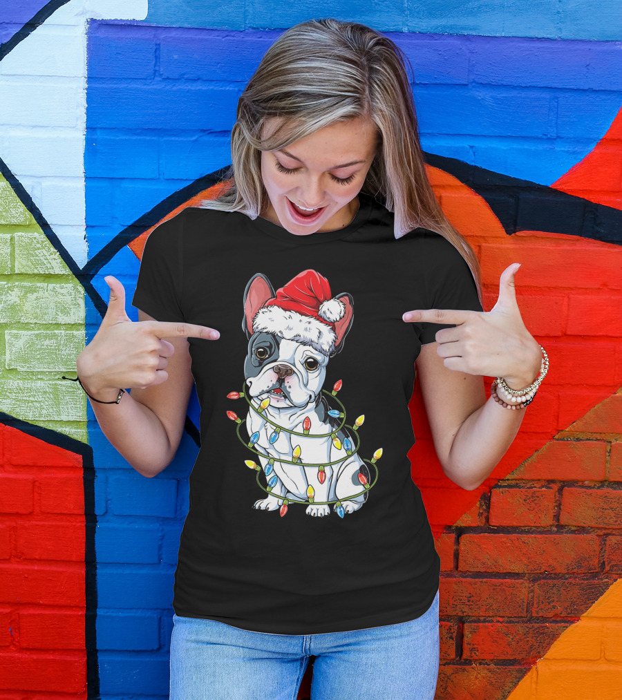 French Bulldog Christmas Santa Hat Festive Lights T-Shirt