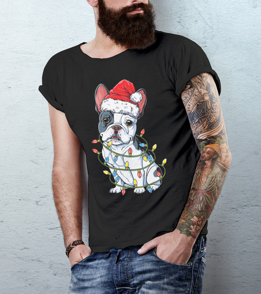 French Bulldog Christmas Santa Hat Festive Lights T-Shirt
