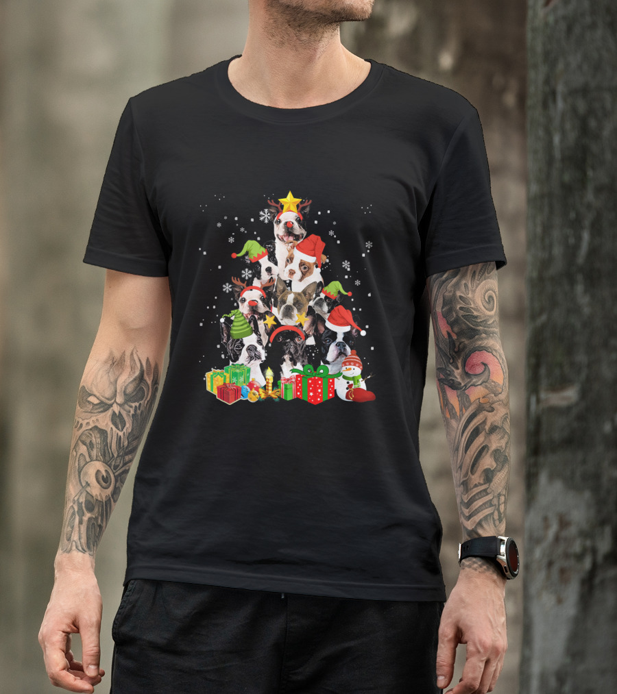 Boston Terrier Christmas Tree With Snowflakes And Gifts T-Shirt