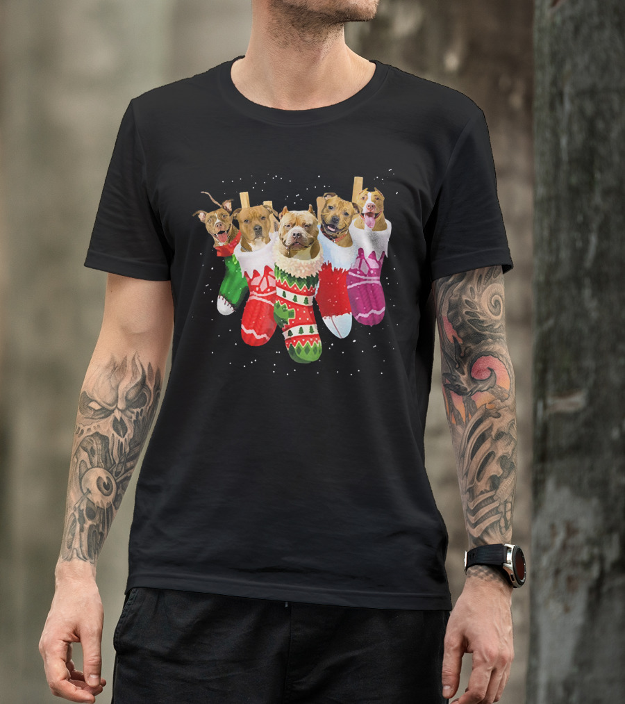 Pit Bull Dogs In Festive Christmas Stockings T-Shirt