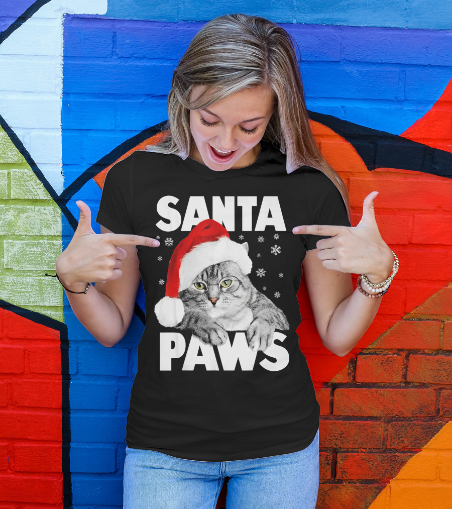 Santa Paws Christmas Kitty Cat Funny Graphic Snowflakes Hat T-Shirt