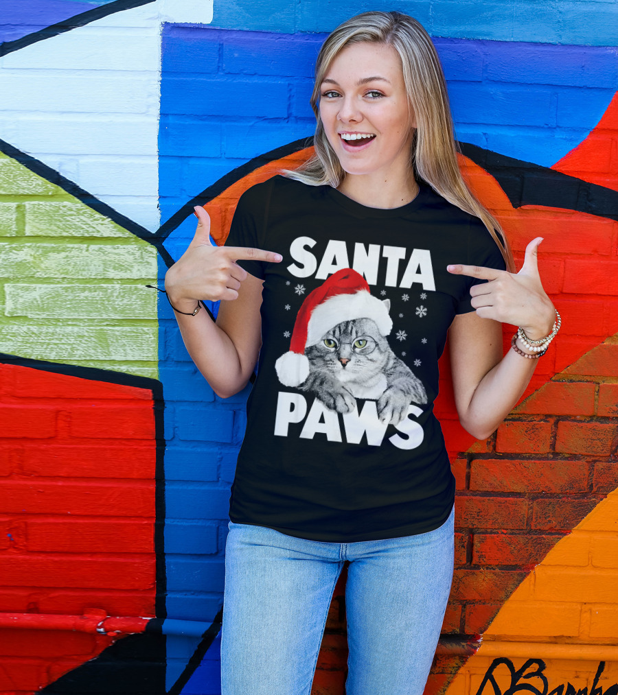 Santa Paws Christmas Kitty Cat Funny Graphic Snowflakes Hat T-Shirt