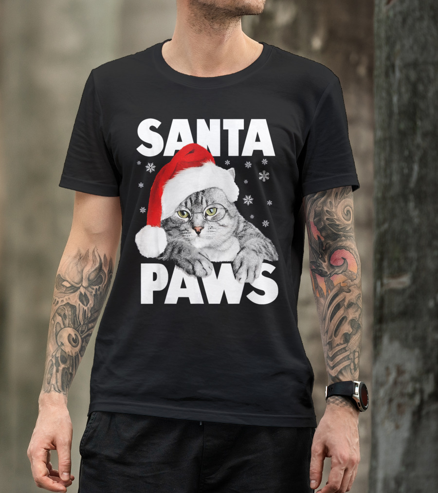 Santa Paws Christmas Kitty Cat Funny Graphic Snowflakes Hat T-Shirt