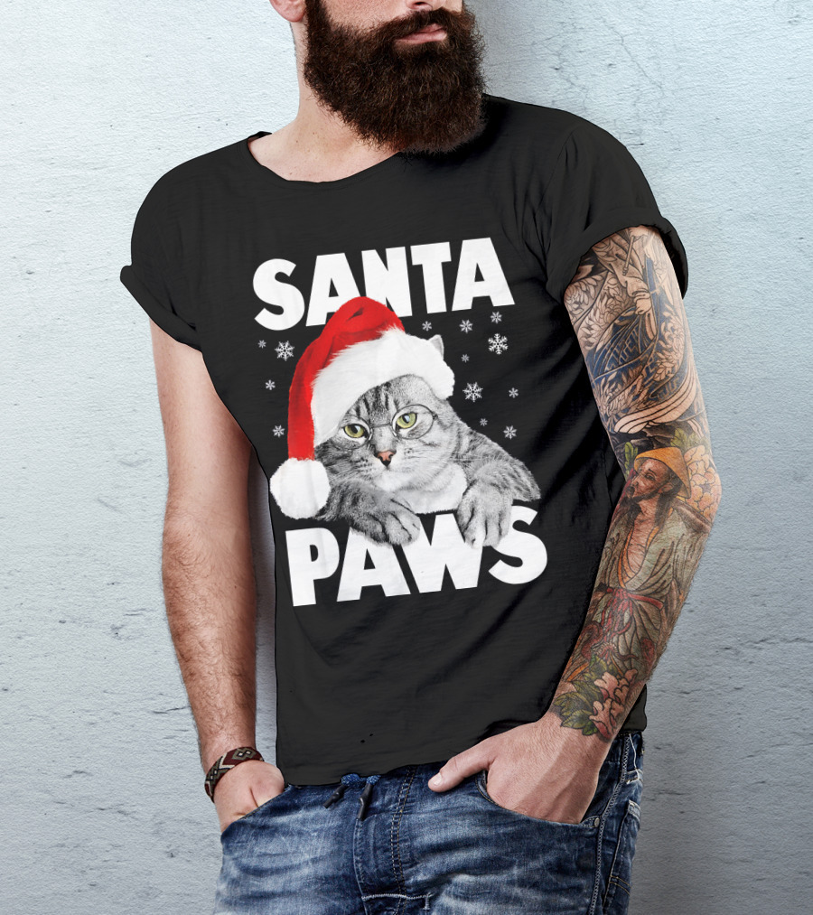 Santa Paws Christmas Kitty Cat Funny Graphic Snowflakes Hat T-Shirt
