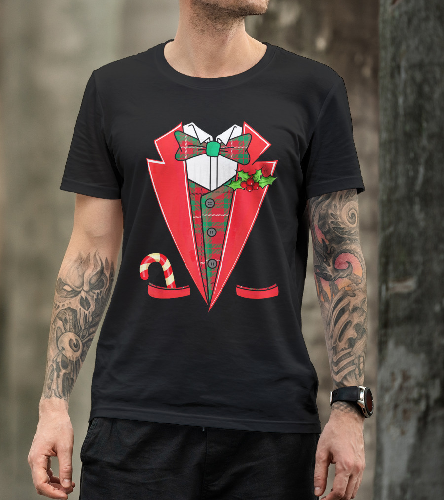 Tuxedo Christmas Fancy Xmas Co Red Plaid Bowtie Candy Cane Holiday Jacket T-Shirt