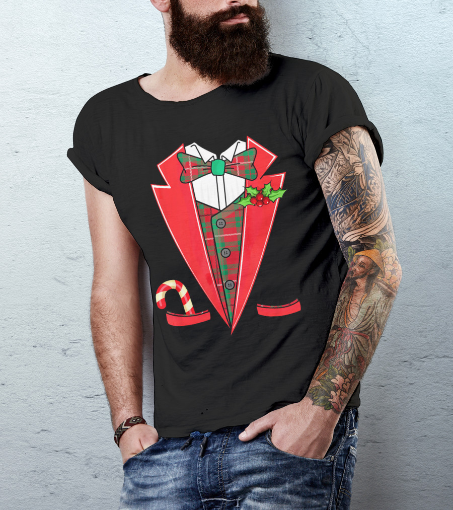 Tuxedo Christmas Fancy Xmas Co Red Plaid Bowtie Candy Cane Holiday Jacket T-Shirt