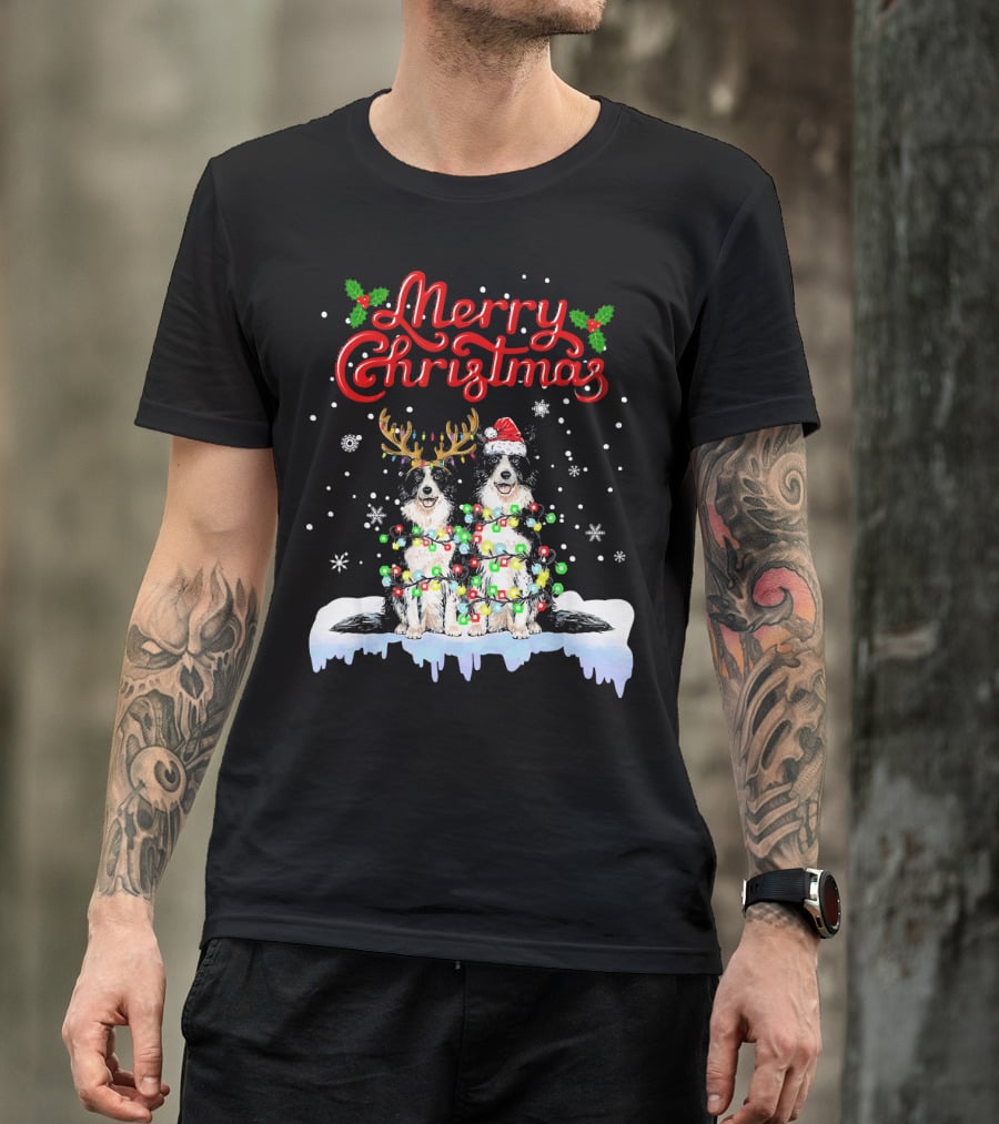 Merry Christmas Border Collie Christmas Lights Funny Dog Santa Reindeer T-Shirt