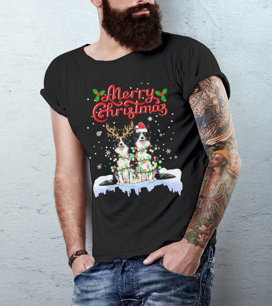 Merry Christmas Border Collie Christmas Lights Funny Dog Santa Reindeer T-Shirt