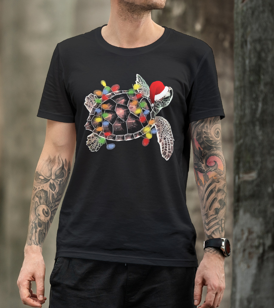 Sea Turtle With Christmas Lights In Santa Hat Merry Chris T-Shirt