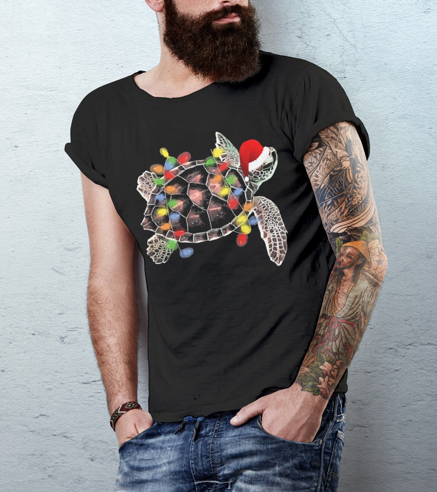 Sea Turtle With Christmas Lights In Santa Hat Merry Chris T-Shirt