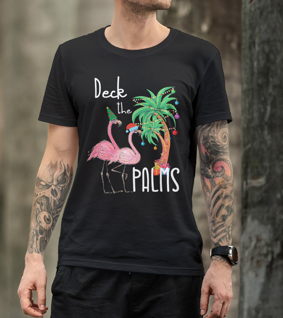 Deck The Palms Christmas Flamingo Family Tropical Holiday Scene T-Shirt
