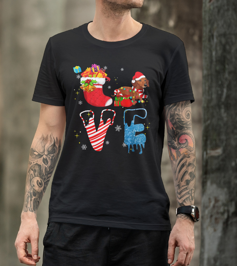 Dachshund Forever Love Merry Christmas Stocking Candy Cane Snowflakes T-Shirt