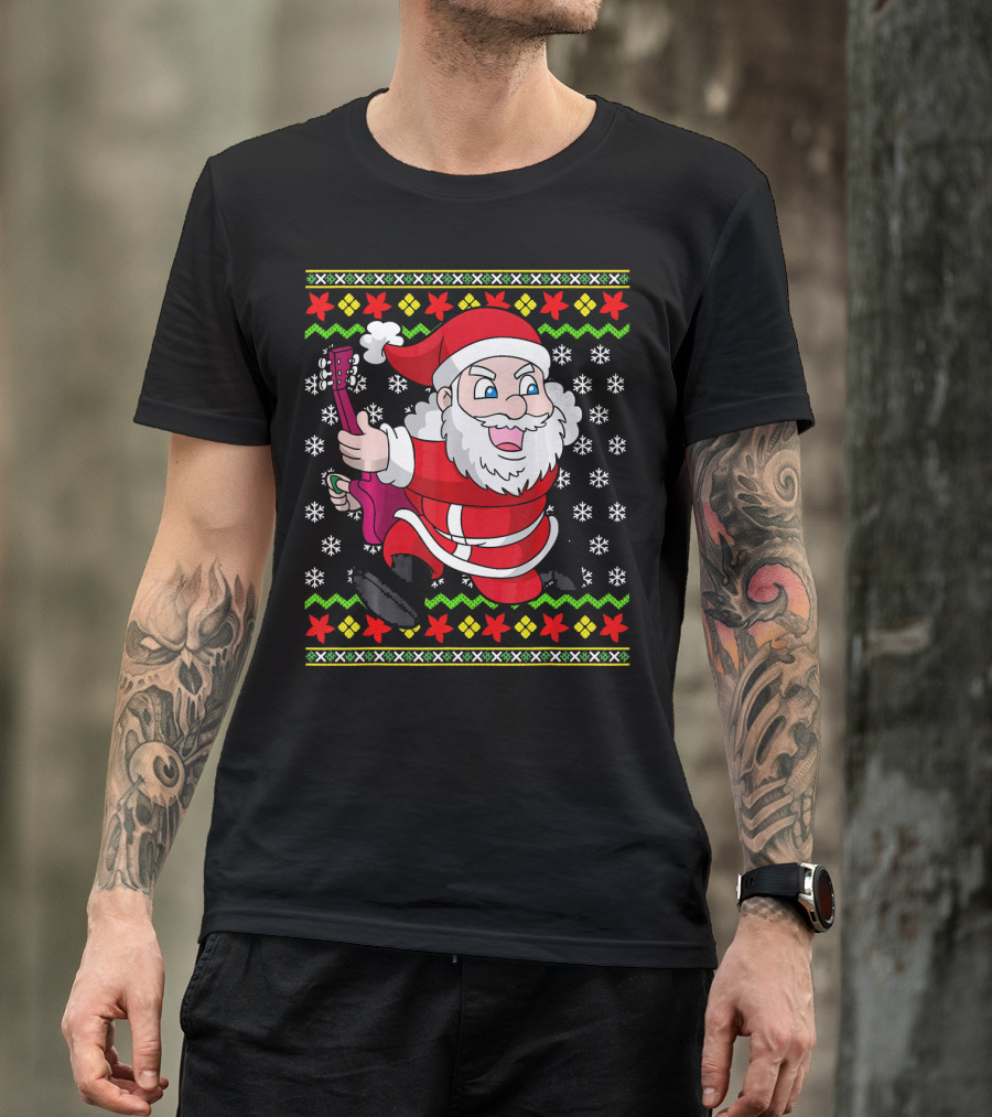Ugly Christmas Santa Playing Guitar Festive T-Shirt
