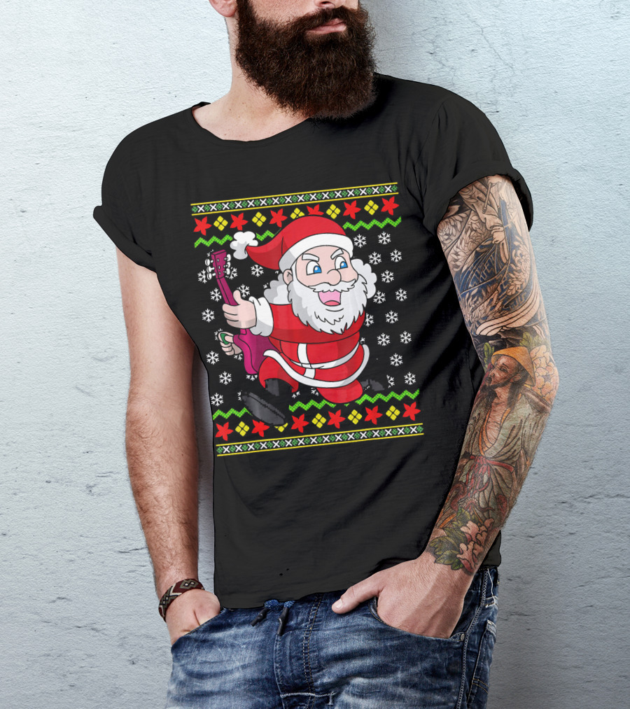 Ugly Christmas Santa Playing Guitar Festive T-Shirt