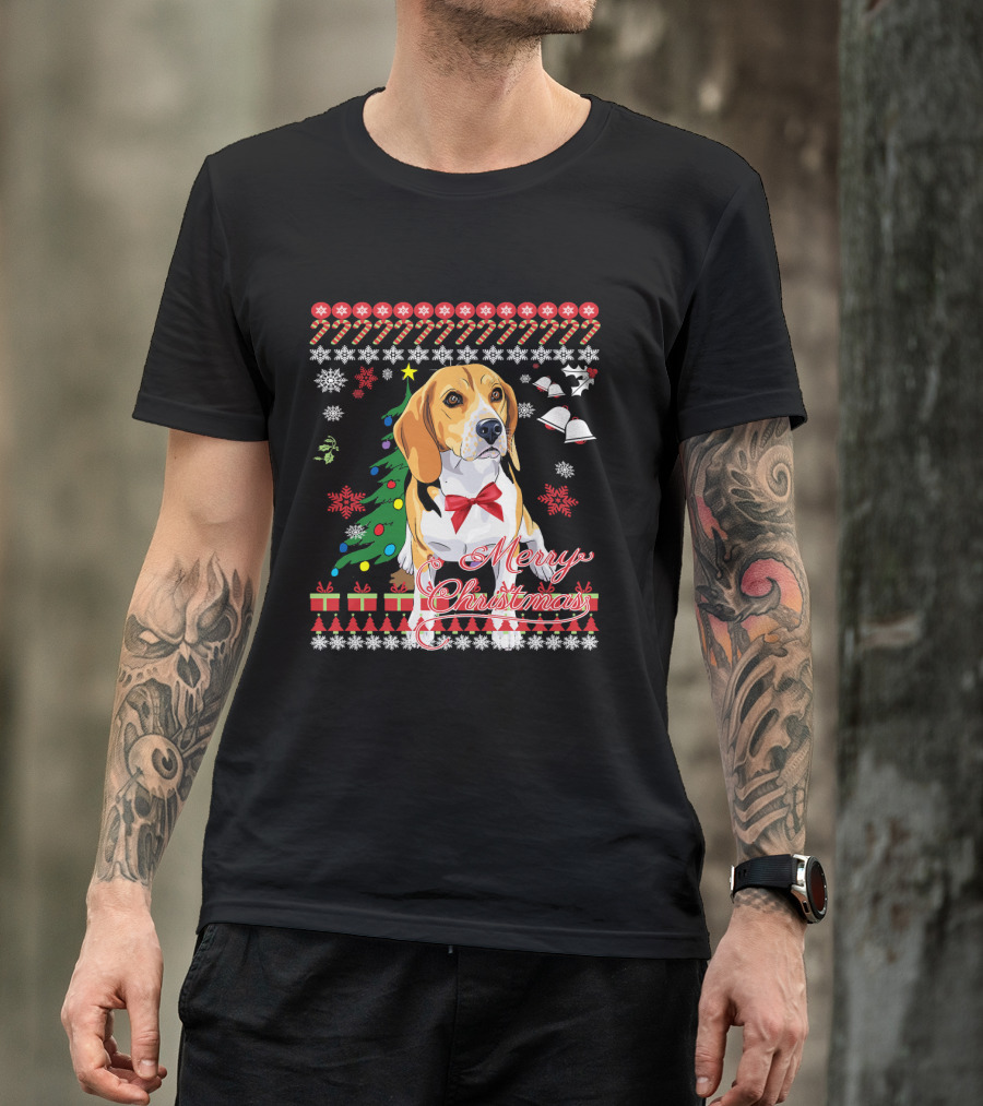 Merry Christmas Beagle With Candy Canes Snowflakes Bells And Gifts T-Shirt