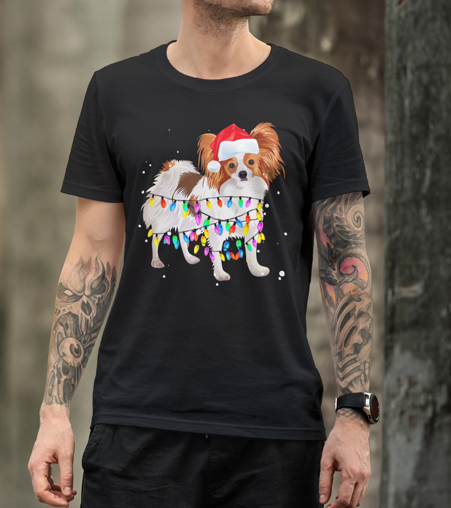 Papillon Dog Wrapped In Colorful Christmas Lights Wearing Santa Hat T-Shirt