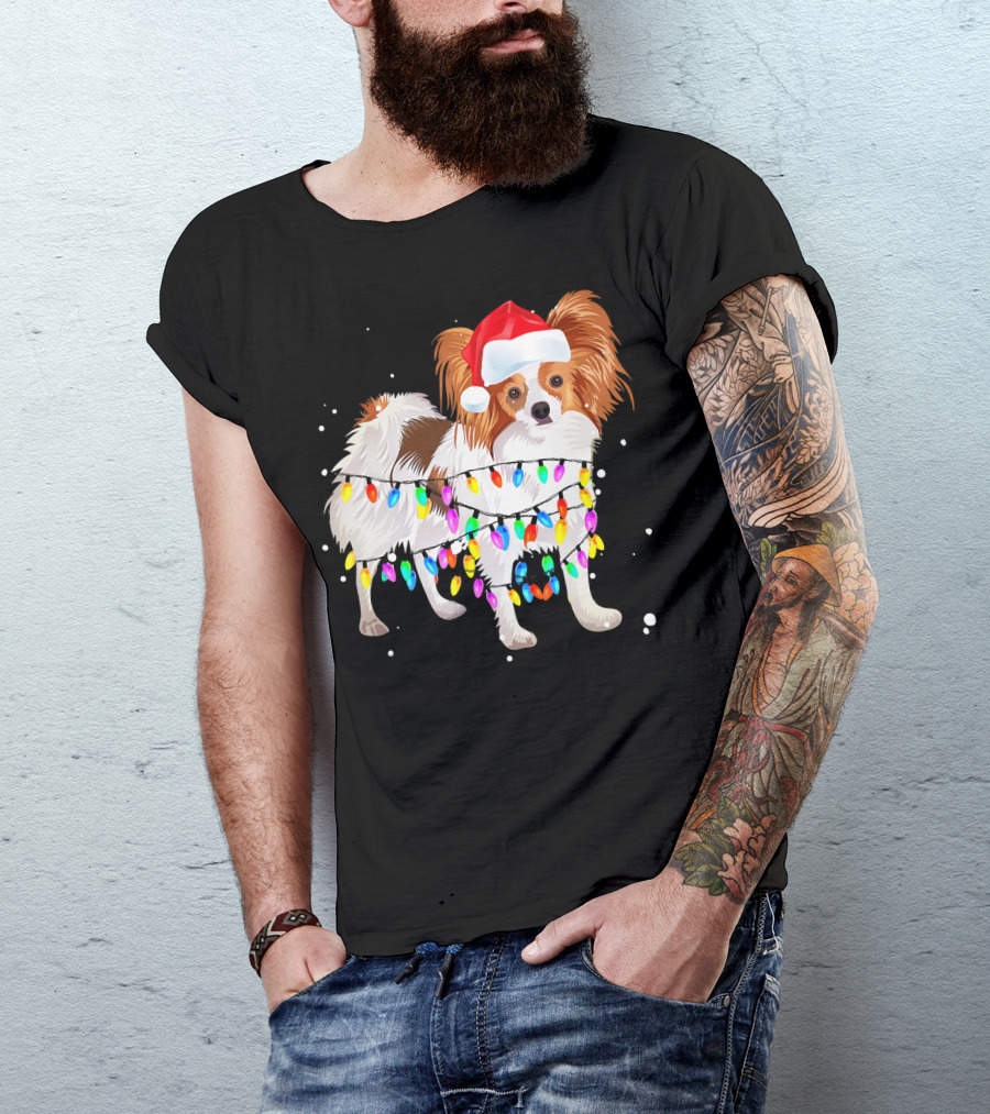 Papillon Dog Wrapped In Colorful Christmas Lights Wearing Santa Hat T-Shirt